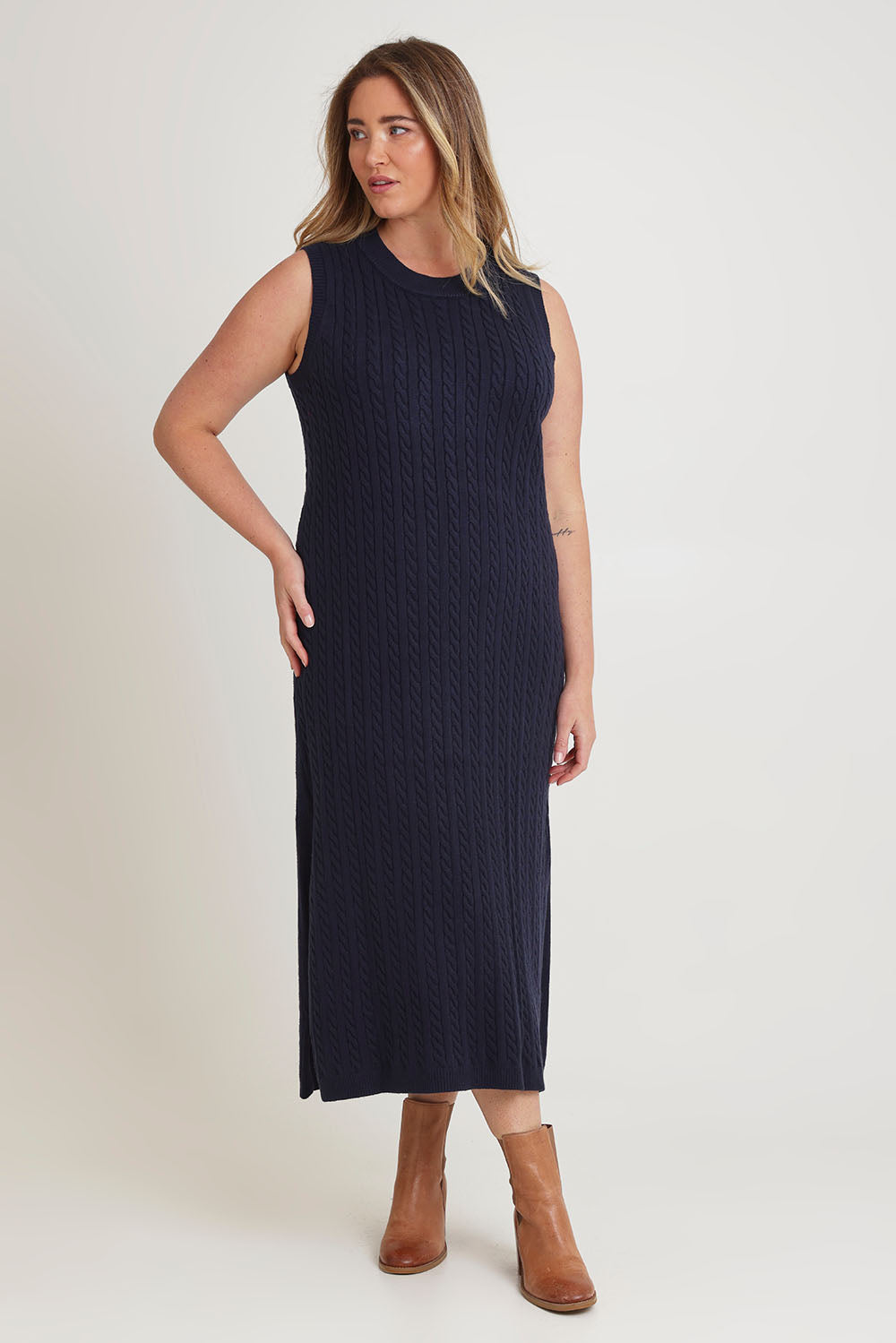 Model Chanel wearing size XL of The Mock Turtle Cable Maxi Dress in colour Darknavy (Blue), from the front, showing the whole outfit