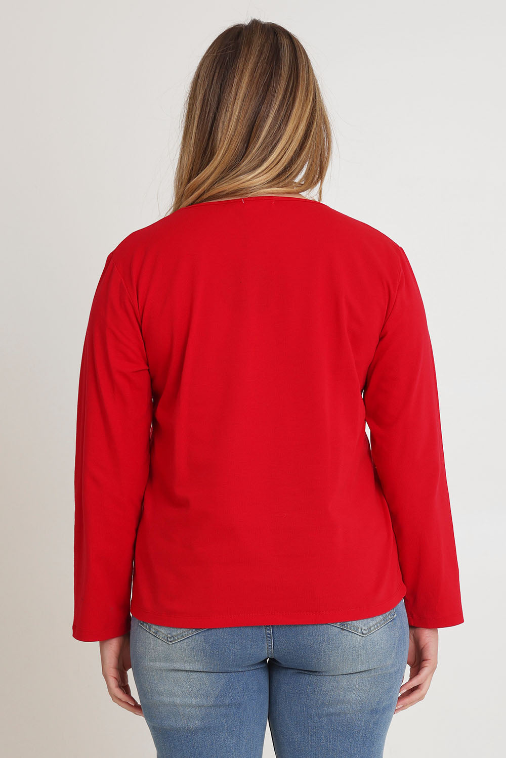 Model Chanel wearing size 16 of The Classic Long Sleeve Tee in colour Red (Red), from the back