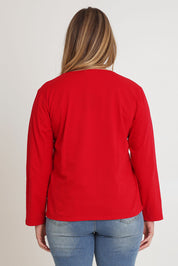 Model Chanel wearing size 16 of The Classic Long Sleeve Tee in colour Red (Red), from the back