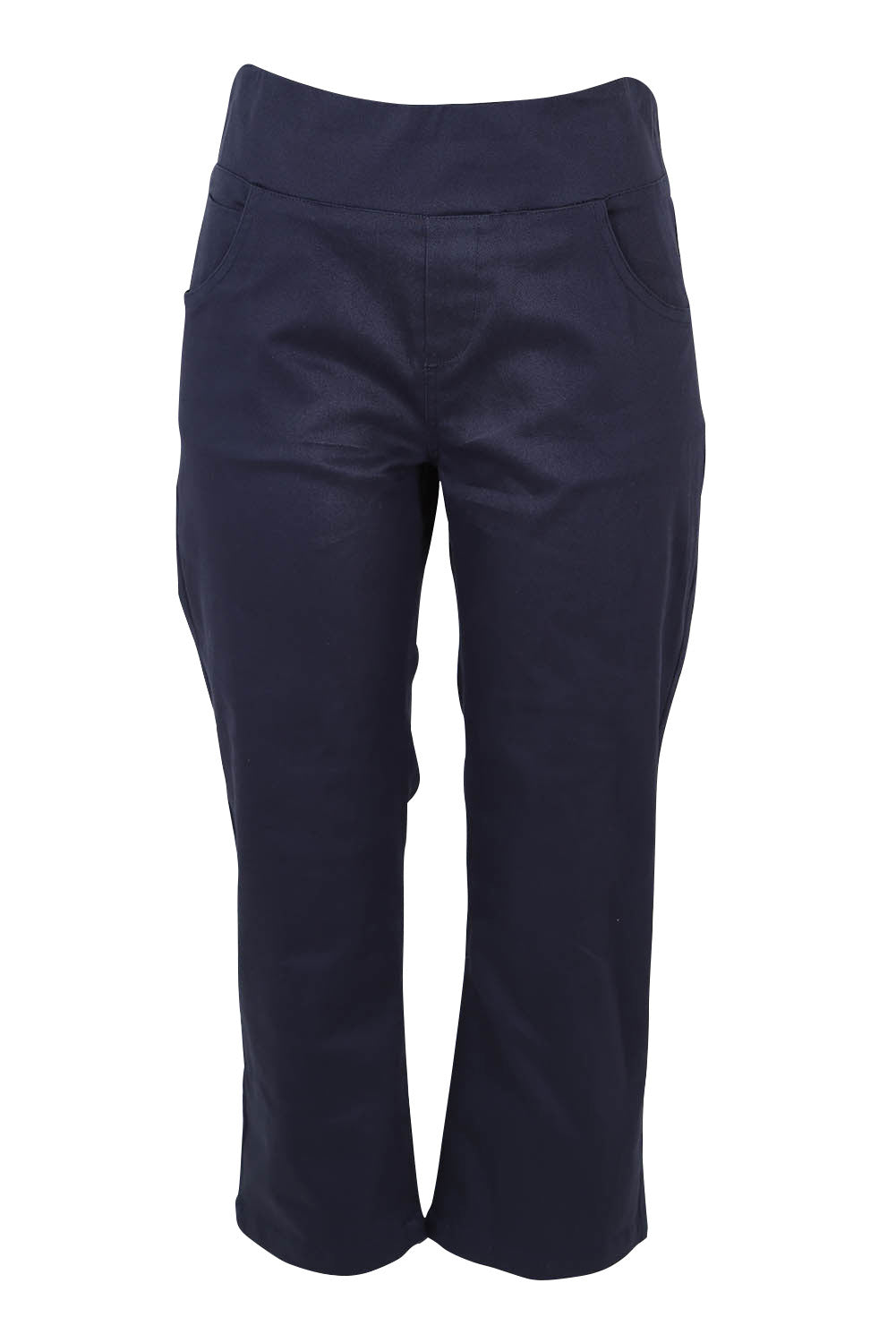 Product shot of The Pull On Cotton Cropped Pant With Pockets in colour Navy (Blue), from the front