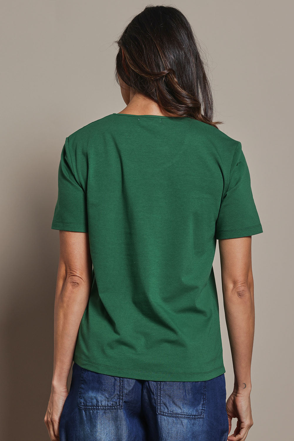Model Amanda wearing size 10 of The Classic Cotton Blend Short Sleeve Tee in colour Ivy (Green), from the back