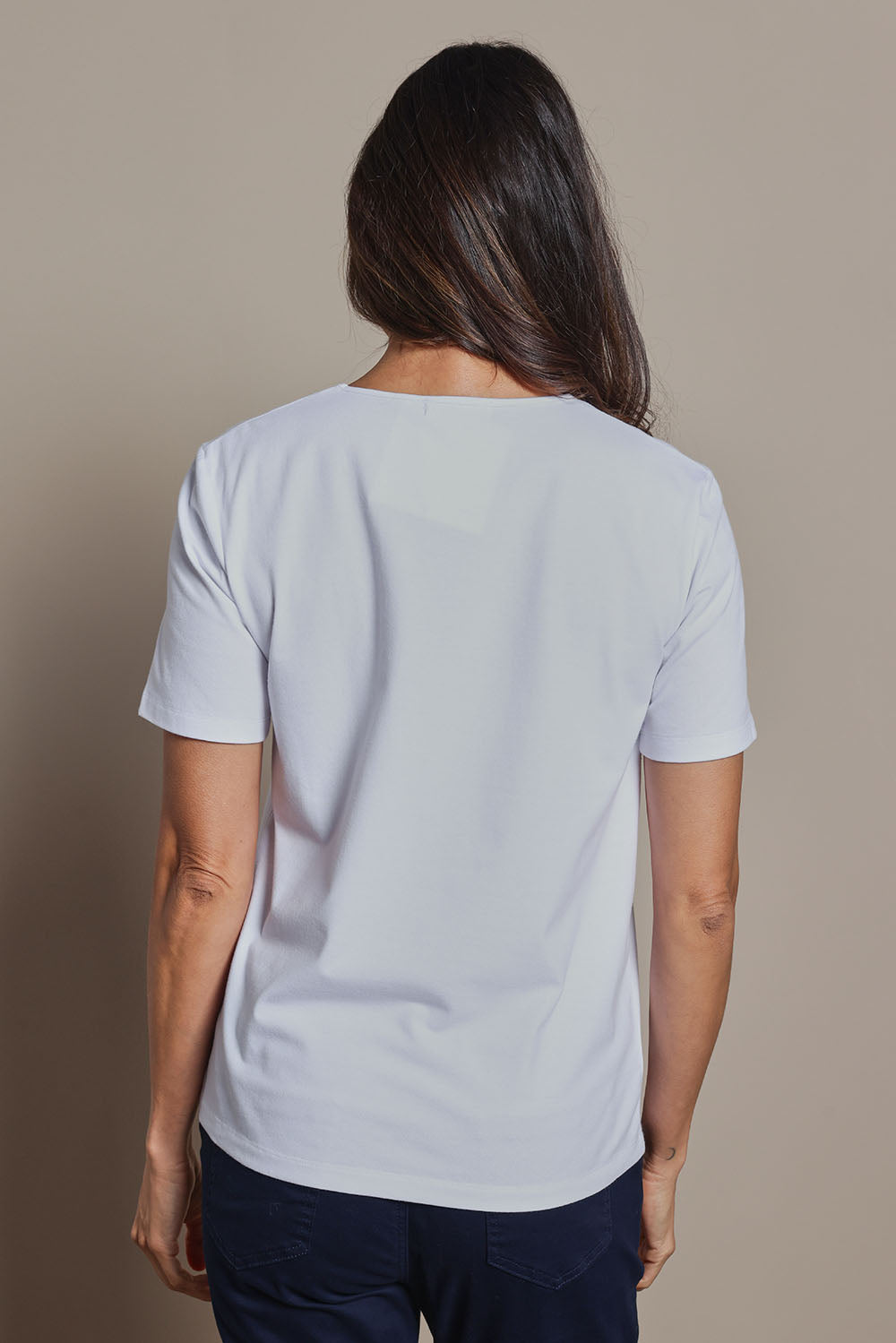 Model Amanda wearing size 10 of The Classic Cotton Blend Short Sleeve Tee in colour White (White), from the back
