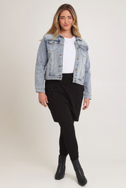 Model Chanel wearing size 16 of The Keepers Skirted Legging in colour Black (Black), from the front, showing the whole outfit