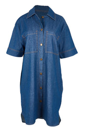 Product shot of The S/S Chambray Shacket Dress With Pockets in colour Denim (Blue), from the front