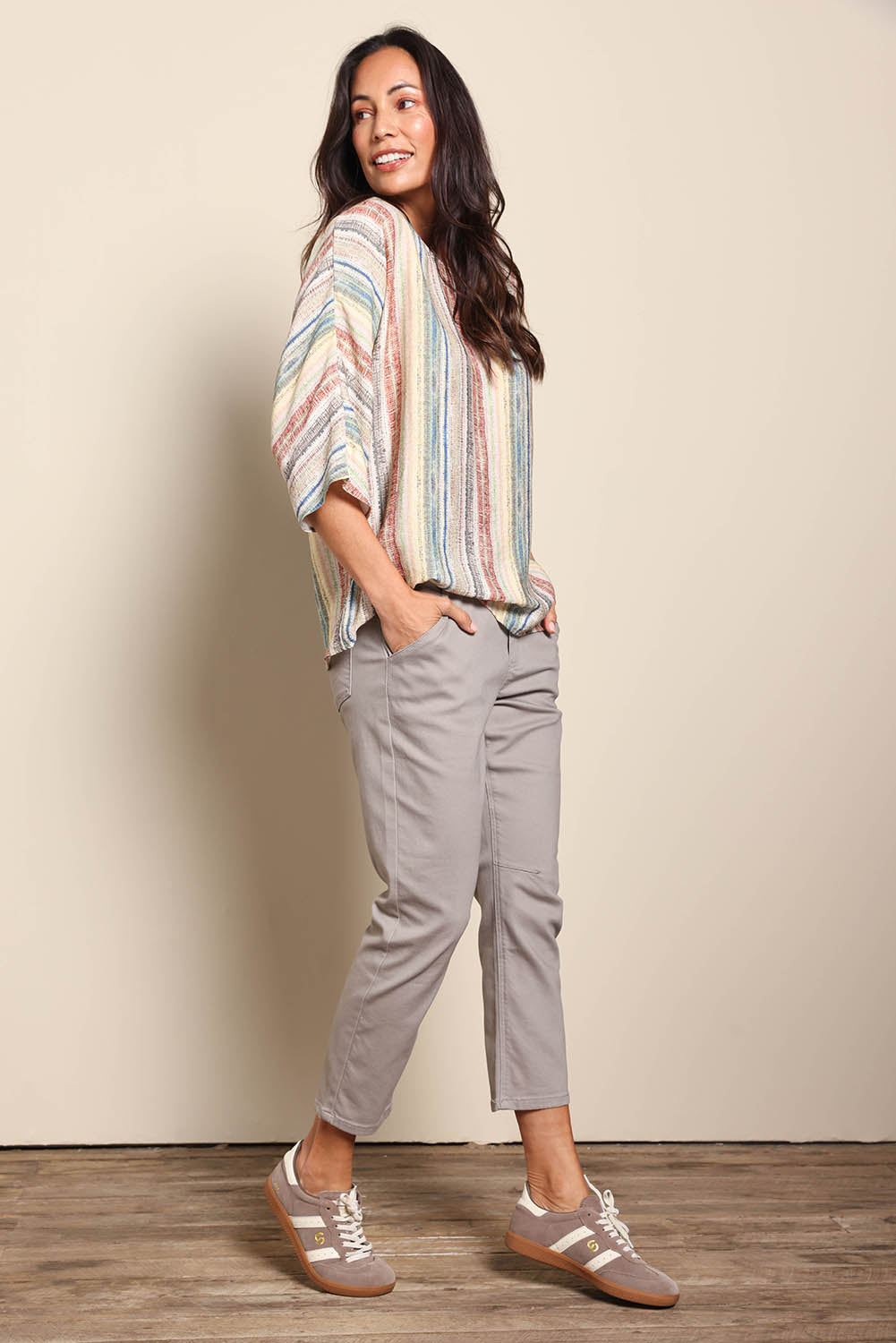 Model Amandam wearing size 10 of the The Pull On Cotton Pant With Drawstring – Biscuit in colour Biscuit, from the front