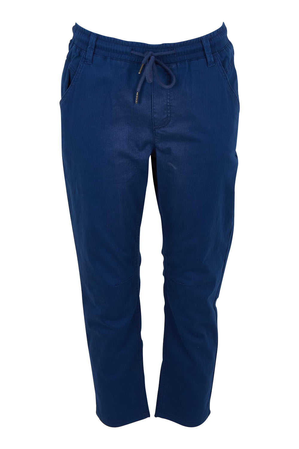 Product shot of The Pull On Cotton Pant With Drawstring in colour Indigo (Blue), from the front