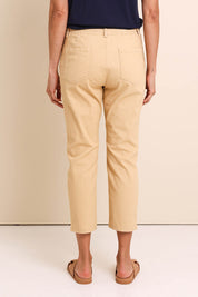 Model Amandam wearing size 10 of the The Pull On Cotton Pant With Drawstring – Sand in colour Sand, from the front