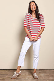Model Amandam wearing size 10 of the The Pull On Cotton Pant With Drawstring – White in colour White, from the front