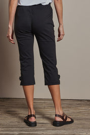 Model Amanda wearing size 10 of The Pull On Elastic Waist Cotton Blend Capri Pant in colour Black (Black), from the back