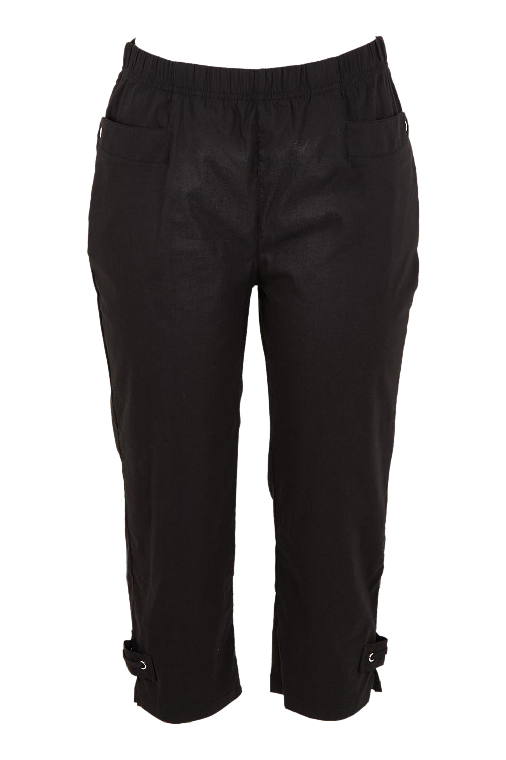 Product shot of The Pull On Elastic Waist Cotton Blend Capri Pant in colour Black (Black), from the front