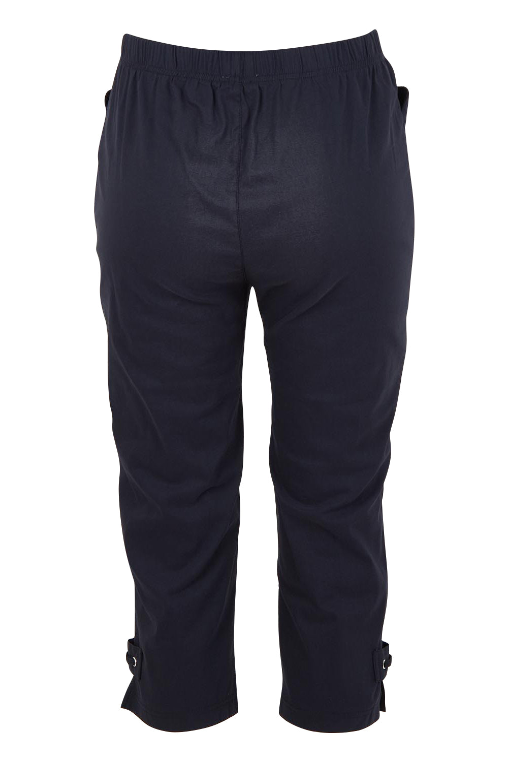 Product shot of The Pull On Elastic Waist Cotton Blend Capri Pant in colour Navy (Blue), from the back