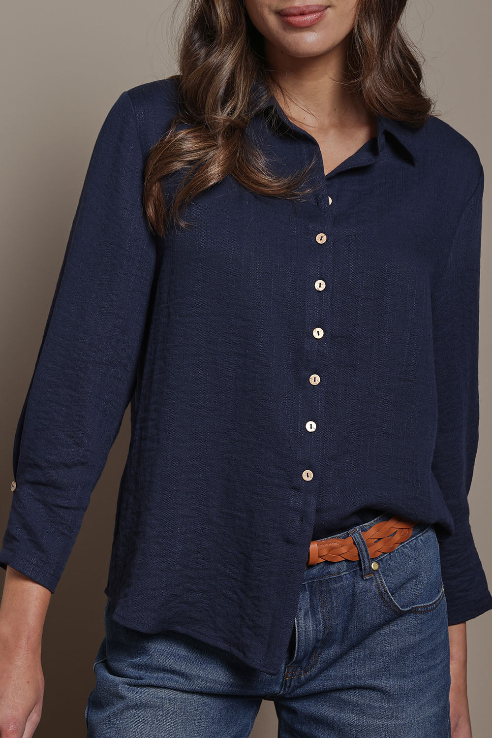 Model Madeline wearing size 10 of The Must Have Linen Look Shirt in colour Navy (Blue), from the front, cropped image