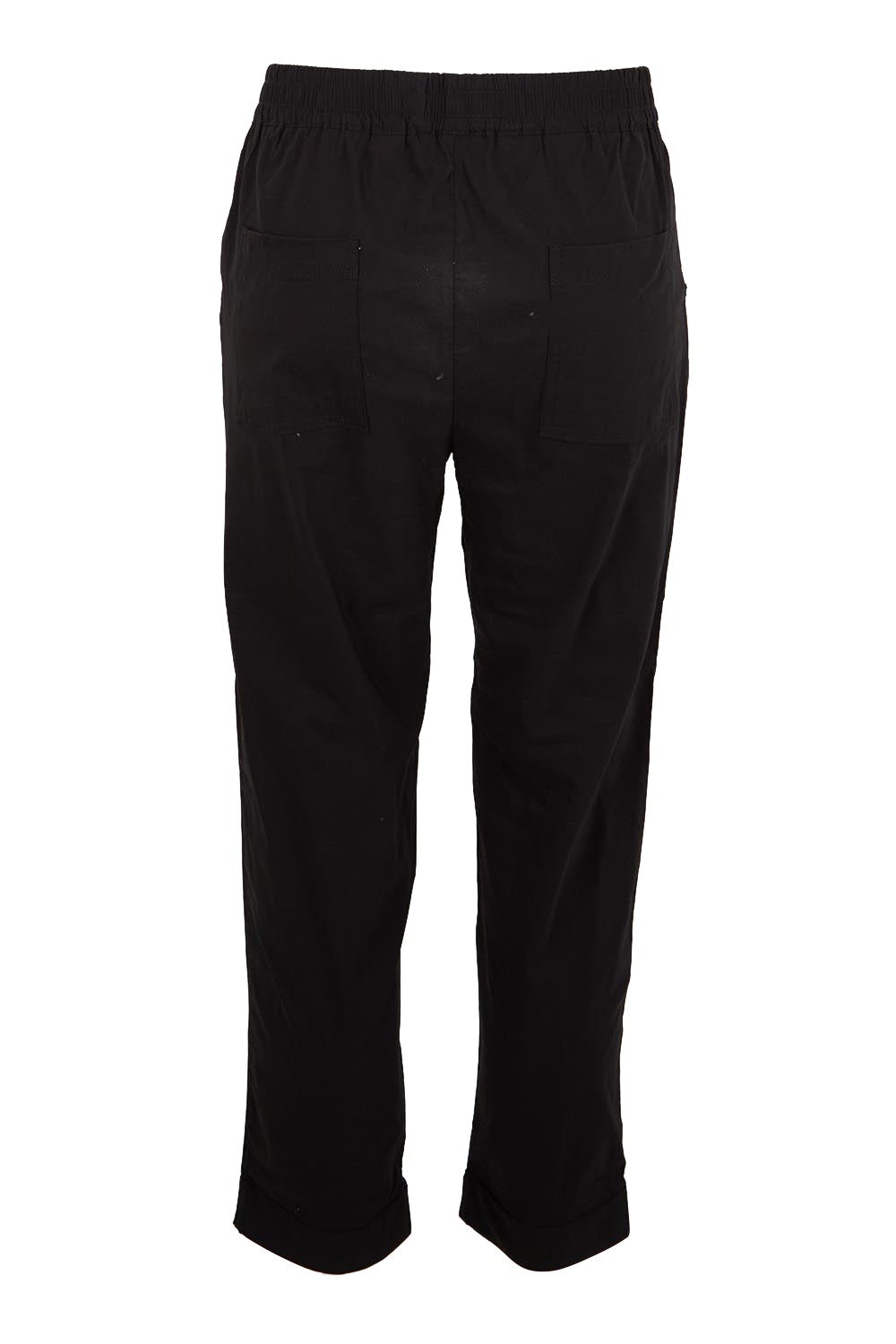 Product shot of the The Elastic Waist Pull On Patch Pocket Pant – Black in colour Black, from the back