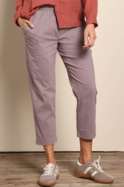 Model Amandam wearing size 10 of the The Elastic Waist Pull On Patch Pocket Pant – Coffee in colour Coffee, in a cropped view