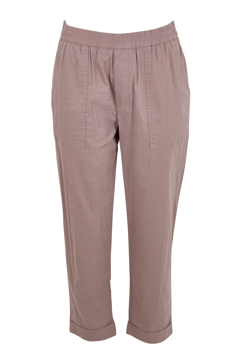 Product shot of the The Elastic Waist Pull On Patch Pocket Pant – Coffee in colour Coffee, from the front
