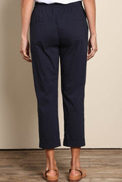 Model Amandam wearing size 10 of the The Elastic Waist Pull On Patch Pocket Pant – Navy in colour Navy, from the back