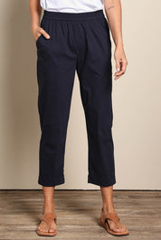 Model Amandam wearing size 10 of the The Elastic Waist Pull On Patch Pocket Pant – Navy in colour Navy, in a cropped view