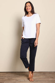 Model Amandam wearing size 10 of the The Elastic Waist Pull On Patch Pocket Pant – Navy in colour Navy, from the front