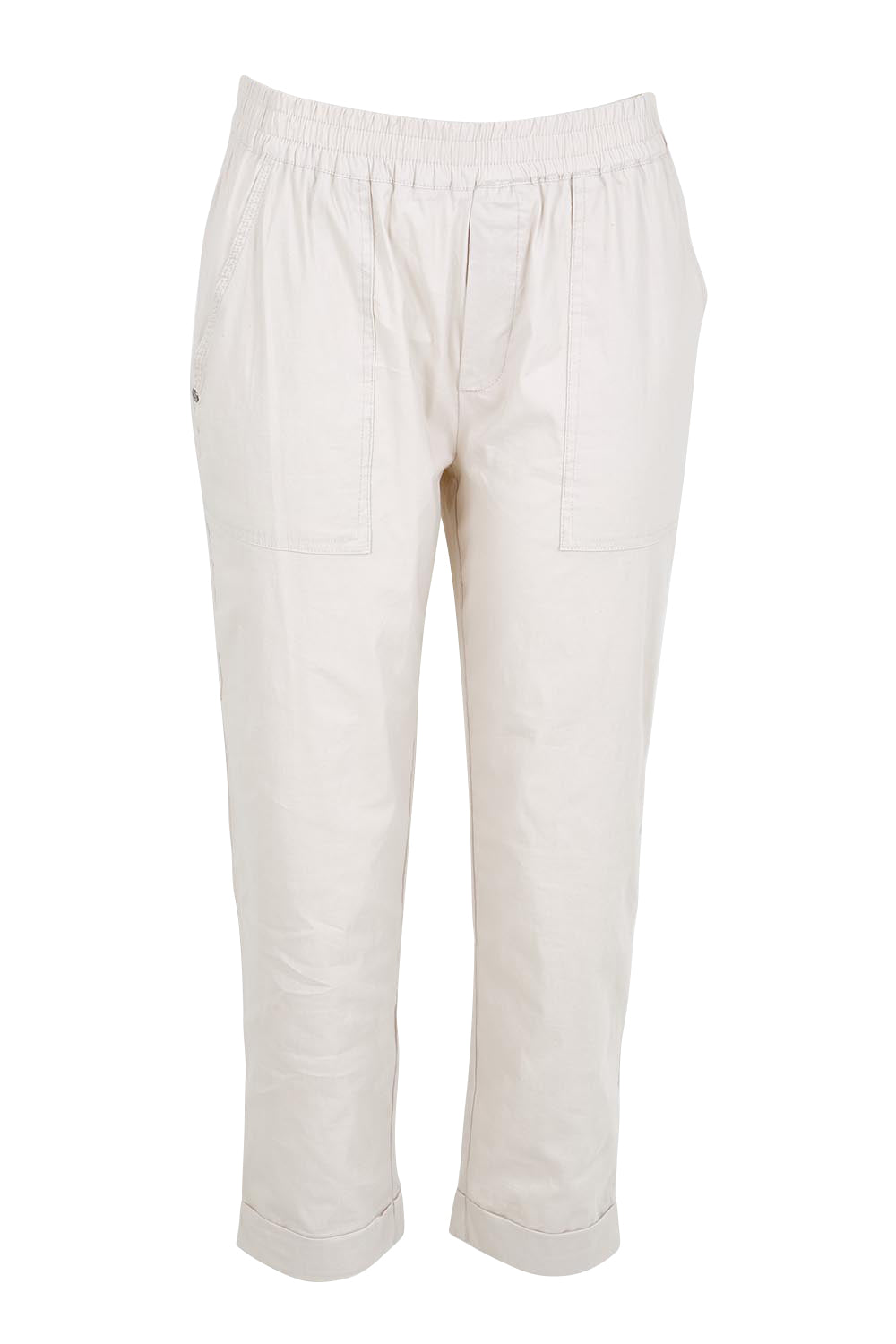 Product shot of the The Elastic Waist Pull On Patch Pocket Pant – Pummice in colour Pummice, from the front