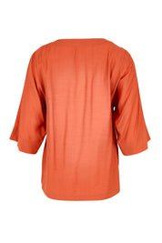 Product shot of the The Popover Cotton Blend Boat Neck Top – Rust in colour Rust, from the back