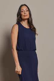 Model Amanda wearing size 10 of The Mix Me Match Me Bamboo Tank in colour Darknavy (Blue), from the front, cropped image