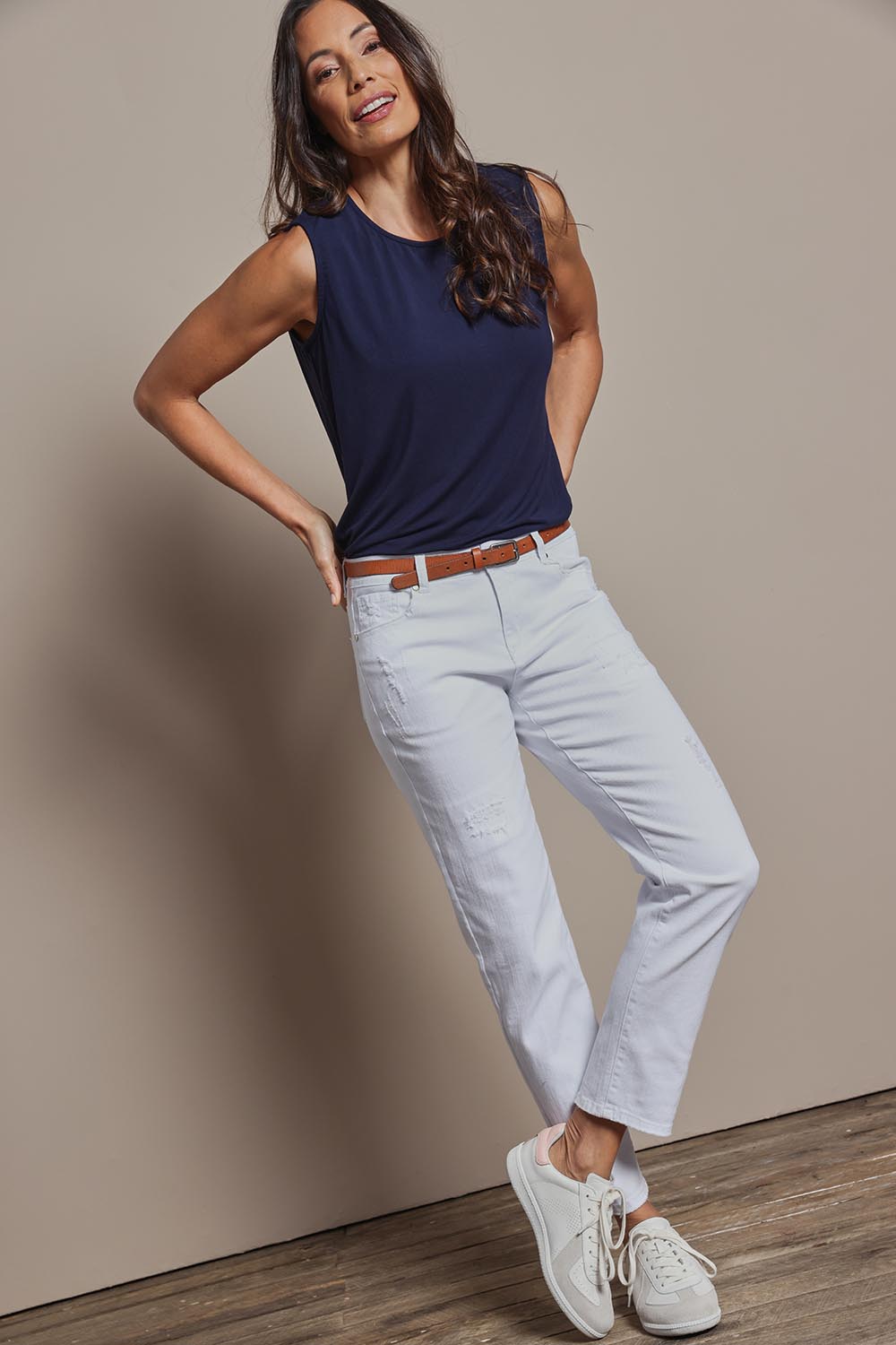 Model Amanda wearing size 10 of The Mix Me Match Me Bamboo Tank in colour Darknavy (Blue), from the front, showing the whole outfit