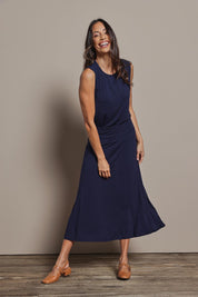 Model Amanda wearing size 10 of The Mix Me Match Me Bamboo Tank in colour Darknavy (Blue), from the front, showing the whole outfit