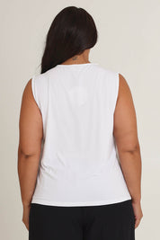 Model Ashleigh wearing size 16 of The Mix Me Match Me Bamboo Tank in colour White (White), from the back