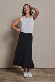 Model Amanda wearing size 10 of The Mix Me Match Me Bamboo Full Skirt in colour Black (Black), from the front, showing the whole outfit