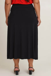 Model Ashleigh wearing size 16 of The Mix Me Match Me Bamboo Full Skirt in colour Black (Black), from the back