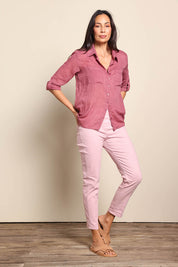 Model Amandam wearing size 10 of the The Go To Comfort Shirt - Dusty rose in colour Dusty Rose, from the front