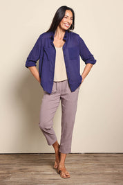 Model Amandam wearing size 10 of the The Go To Comfort Shirt - Navy in colour Navy, from the front
