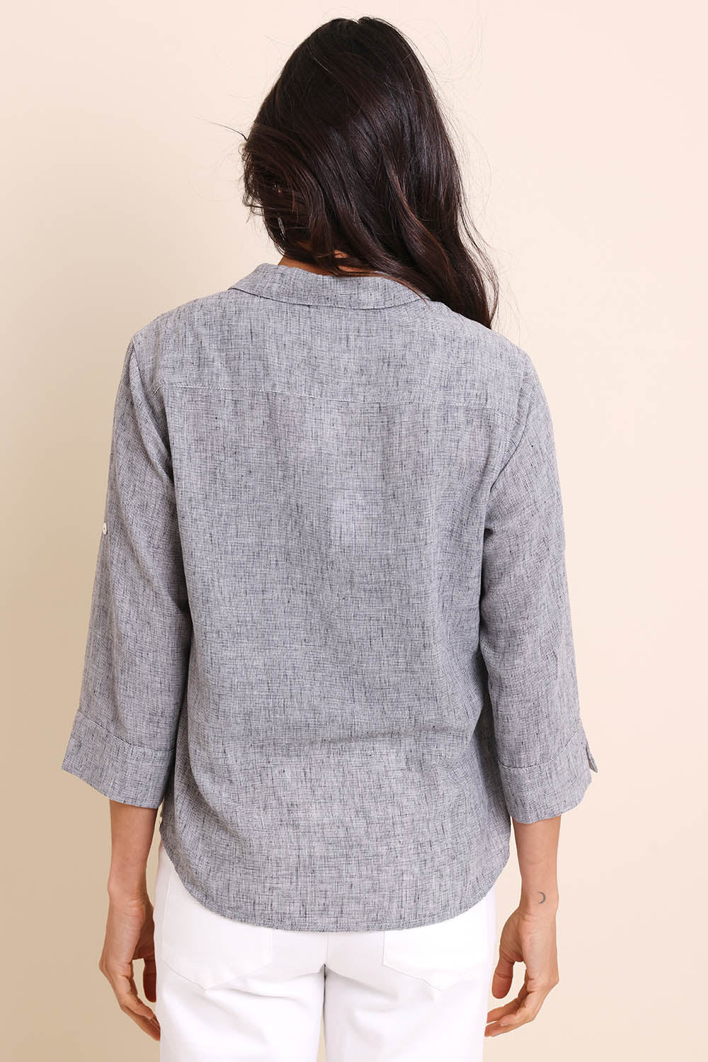 Model Amandam wearing size 10 of the The Easy Wear Shirt  - Graphite in colour Graphite, from the back