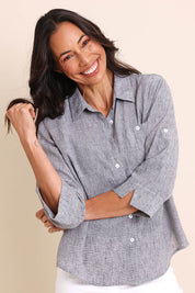 Model Amandam wearing size 10 of the The Easy Wear Shirt  - Graphite in colour Graphite, in a cropped view