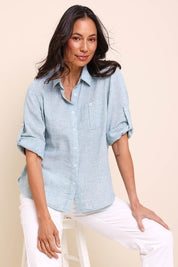 Model Amandam wearing size 10 of the The Easy Wear Shirt  - Mint in colour Mint, from an angle
