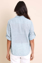Model Amandam wearing size 10 of the The Easy Wear Shirt  - Mint in colour Mint, from the back