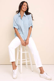Model Amandam wearing size 10 of the The Easy Wear Shirt  - Mint in colour Mint, from the front