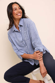 Model Amandam wearing size 10 of the The Easy Wear Shirt  - Navy in colour Navy, from an angle