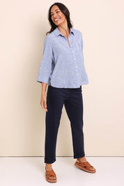 Model Amandam wearing size 10 of the The Easy Wear Shirt  - Navy in colour Navy, from the front