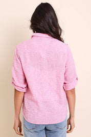 Model Amandam wearing size 10 of the The Easy Wear Shirt  - Rose in colour Rose, from the back