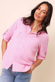 Model Amandam wearing size 10 of the The Easy Wear Shirt  - Rose in colour Rose, in a cropped view