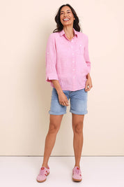 Model Amandam wearing size 10 of the The Easy Wear Shirt  - Rose in colour Rose, from the front
