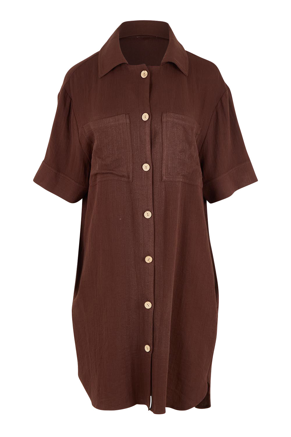 Product shot of The Must Have Linen Look Shacket Dress in colour Chocolate, from the front