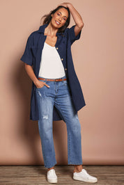 Model Amanda wearing size 10 of The Must Have Linen Look Shacket Dress in colour Navy (Blue), from the front, showing the whole outfit