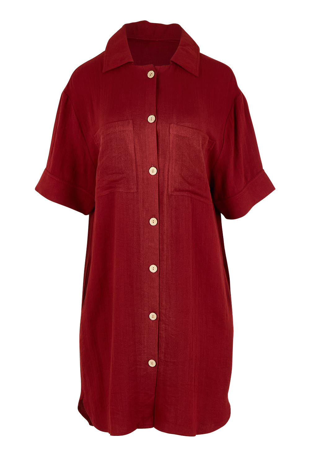 Product shot of The Must Have Linen Look Shacket Dress in colour Sangria (Red), from the front