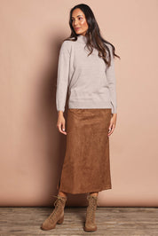 The Luxe Faux Suede Straight Maxi Skirt – Tan