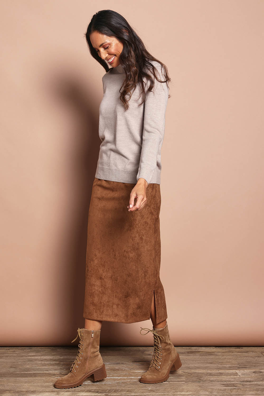 The Luxe Faux Suede Straight Maxi Skirt – Tan