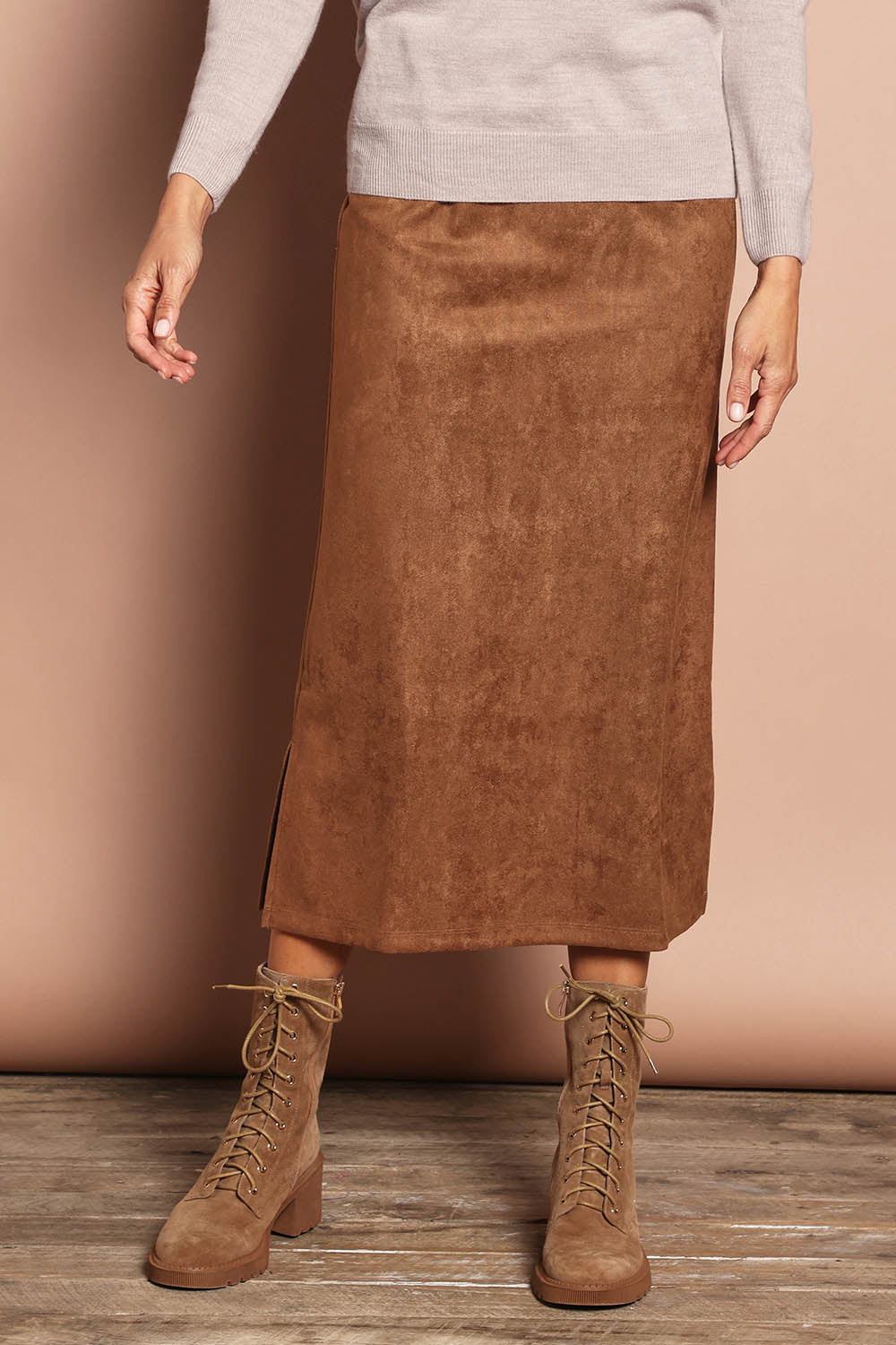 The Luxe Faux Suede Straight Maxi Skirt – Tan