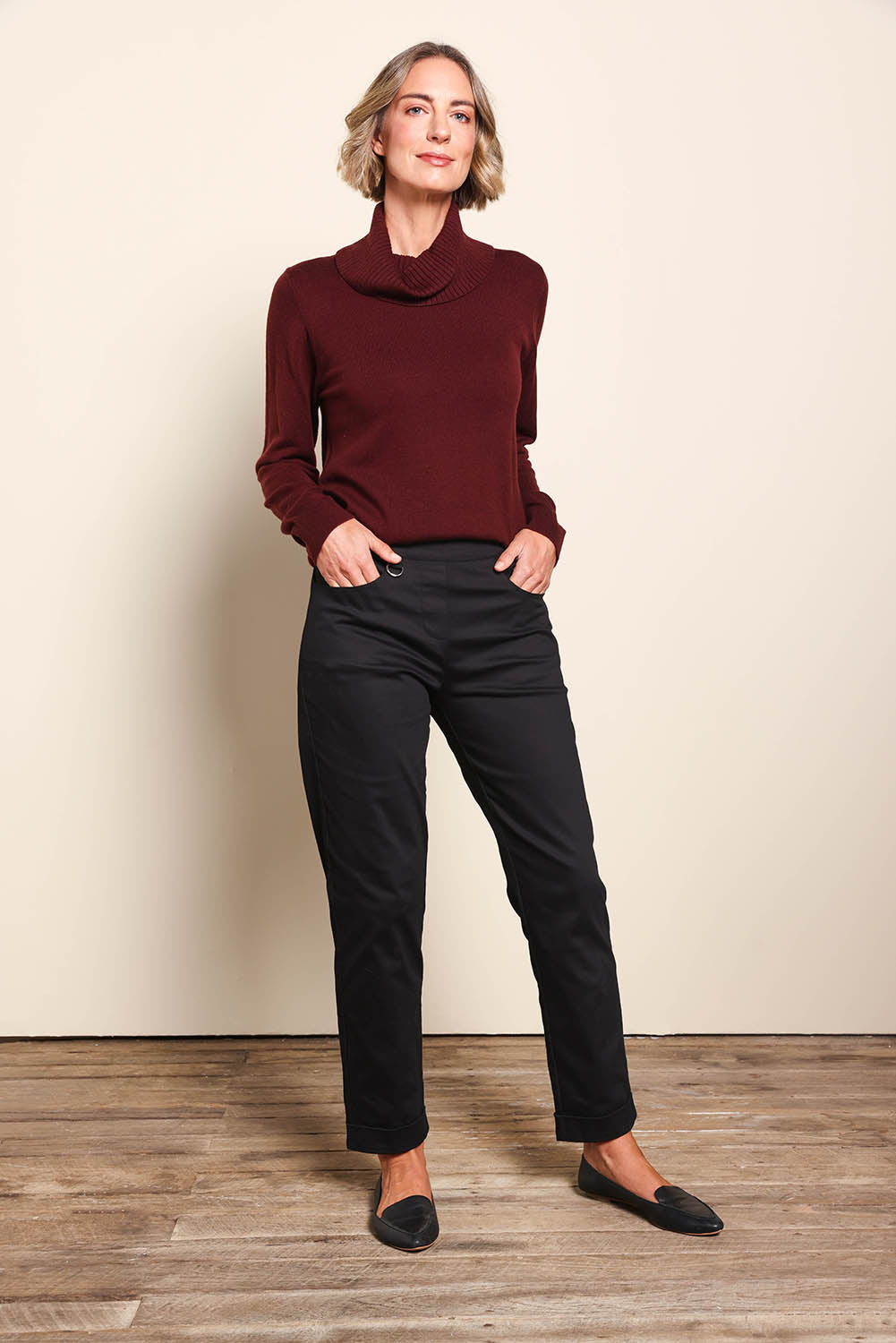 Black Teachers Pant With Burnt Plum Roll Neck