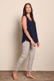 Model Amandam wearing size 10 of the The Cotton Pull On Stretch Comfort Pant – Biscuit in colour Biscuit, from the front